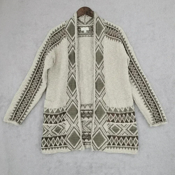 Lucky Brand Womens Cardigan Sweater M Beige Green Geometric Pattern Cotton 6PT - Picture 1 of 7